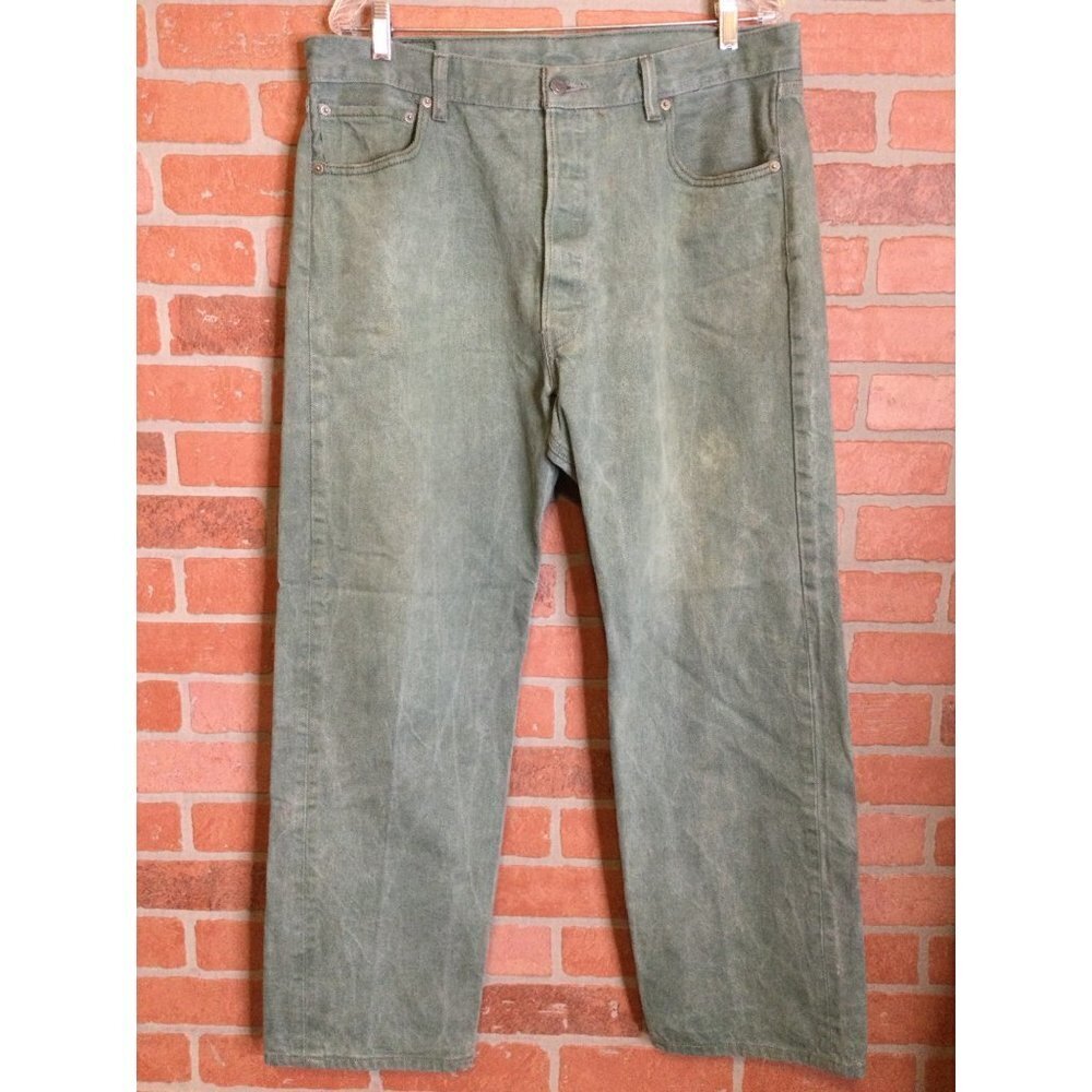 Mens Levis 501 Jeans Green Denim Button Fly Tag 38x32 Measures approx 36x29